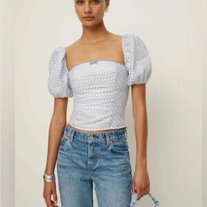 Blue Linen Puff Sleeve Top